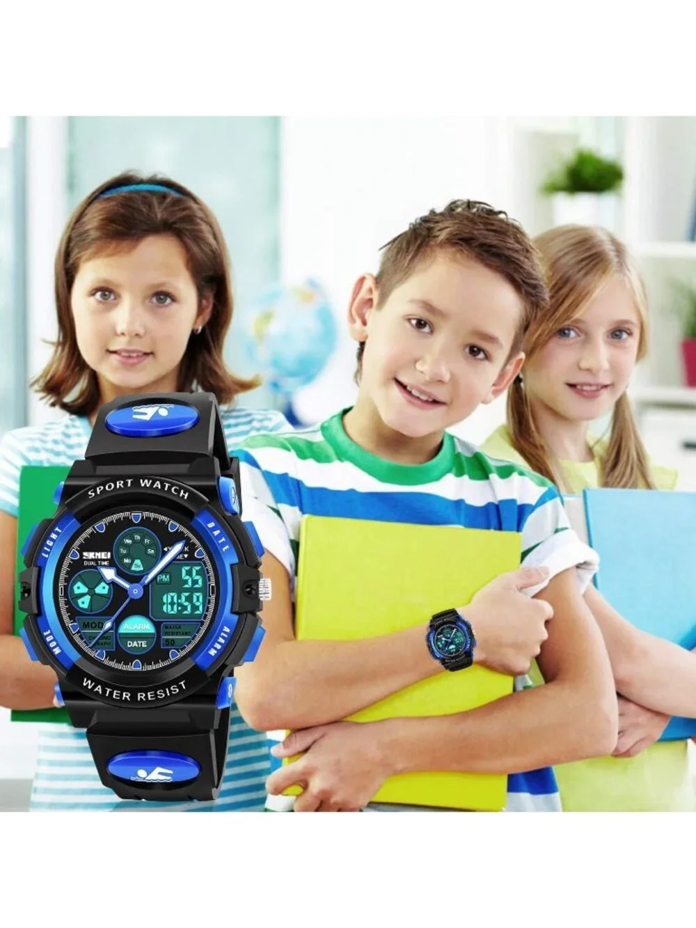 Kid's Black Blue Analog Quartz Multi Function Waterproof Round LED Digital Watch